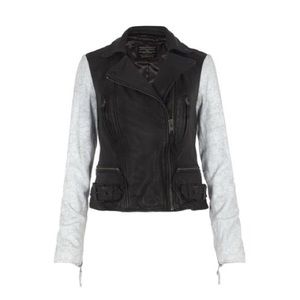 All Saints Albany Two-Tone Leather Biker Jacket Size 6 Black White Distressed